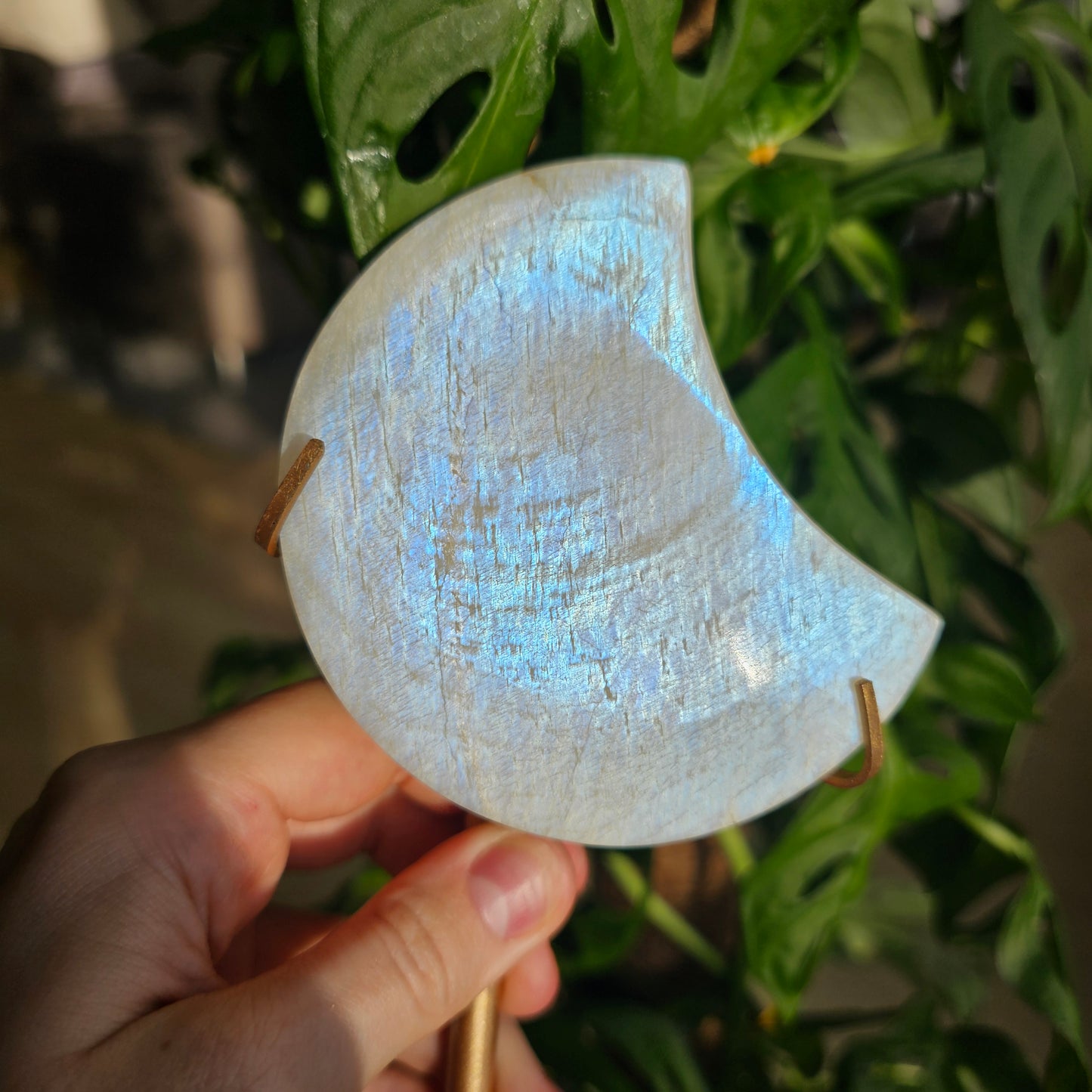 White Labradorite Crescent Moon on Stand #115B