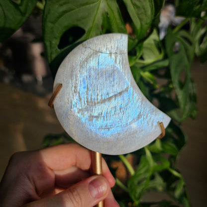 White Labradorite Crescent Moon on Stand #109C