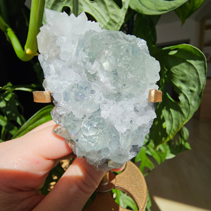 Green Fluorite, Quartz and Calcite on stand