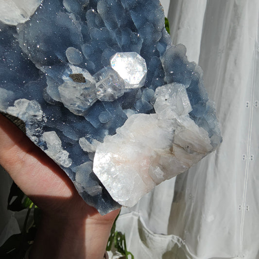 Apophyllite on Blue Chalcedony statement piece #1