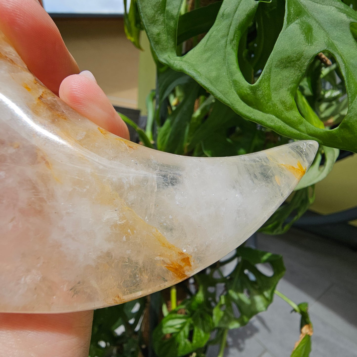 Golden Healer Quartz Crescent Moon with Holder