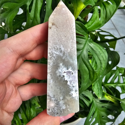 Flower Agate with Quartz obelisk  #20J