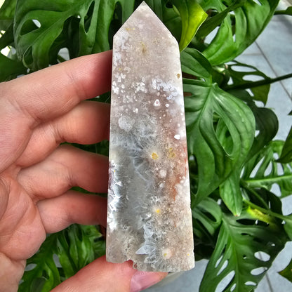 Flower Agate with Quartz obelisk  #20J