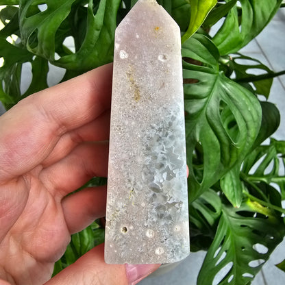 Flower Agate with Quartz obelisk  #20J