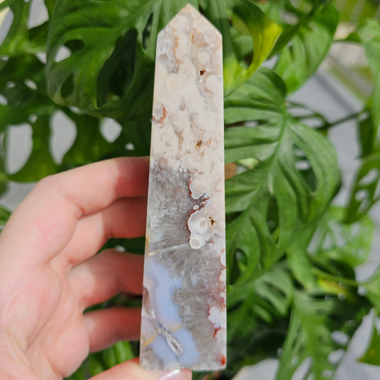 Flower Agate with Quartz obelisk  #33C