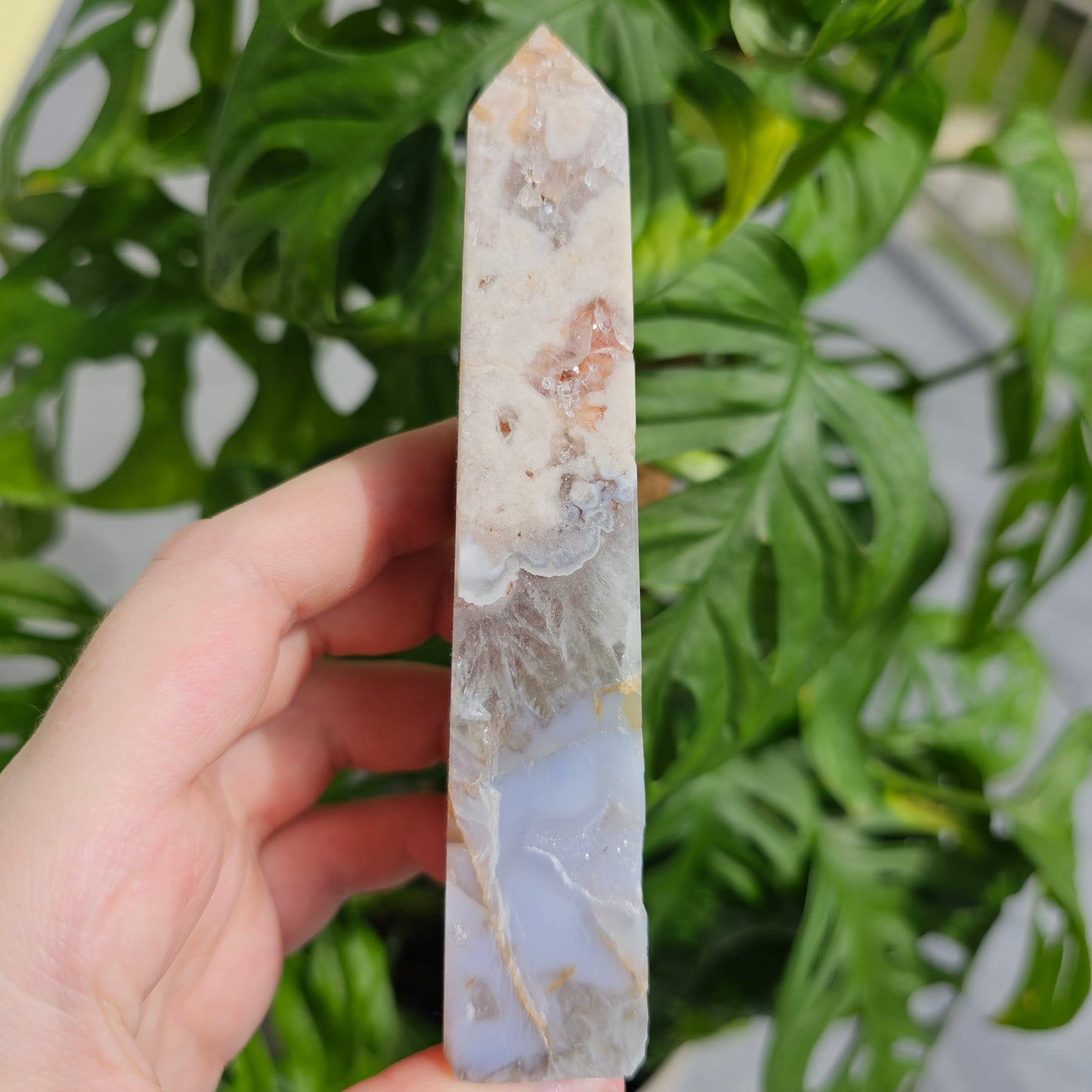 Flower Agate with Quartz obelisk  #33C