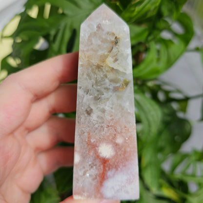 Flower Agate with Quartz obelisk  #33F