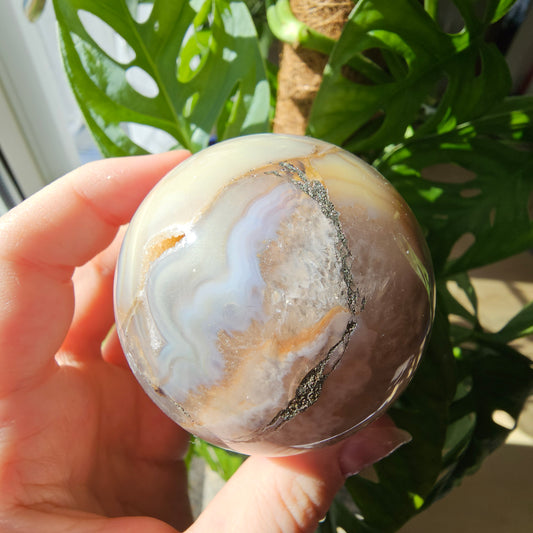 Flower Agate sphere with Pyrite inclusions #105E